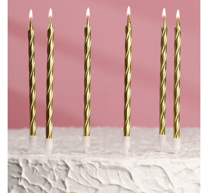 Свечи для торта 14см "С Днем рождения" золотистые с подставками (упаковка 6 шт.)