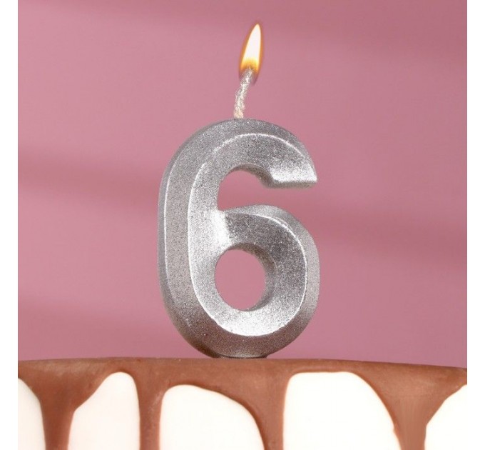 Свеча для торта "Грань" серебряная - цифра "6" 7,8 см