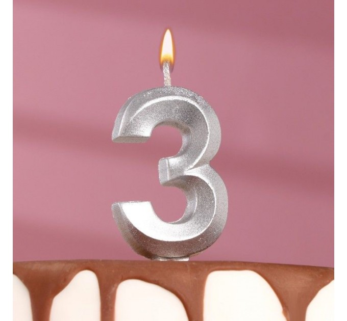 Свеча для торта "Грань" серебряная - цифра "3" 7,8 см