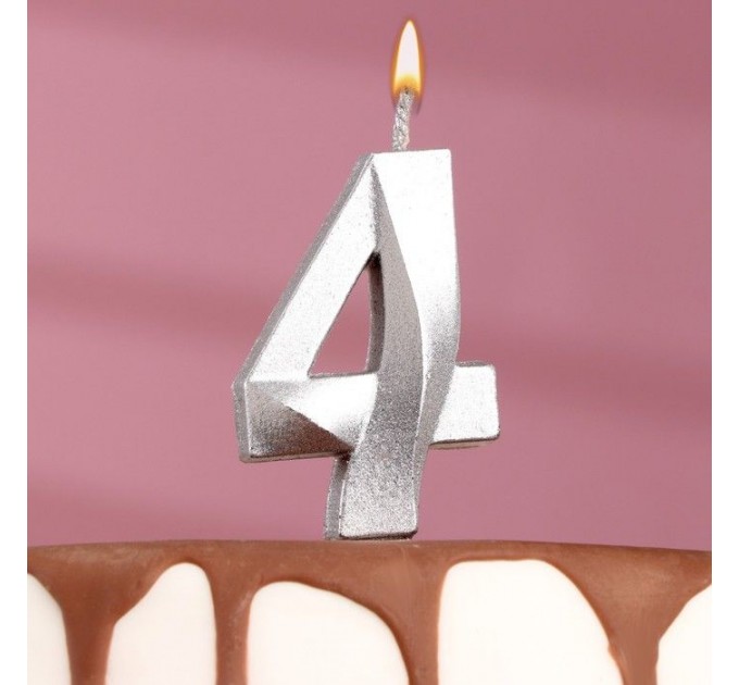 Свеча для торта "Грань" серебряная - цифра "4" 7,8 см