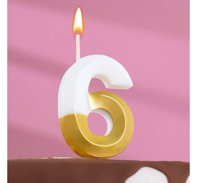 Свеча для торта "Мороженое" бело-золотая - цифра "6"