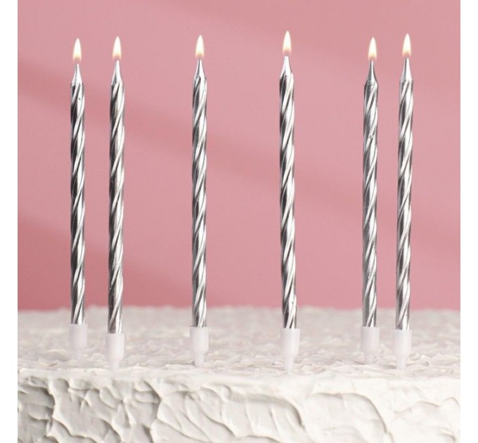 Свечи для торта 14см "С Днем рождения" серебристые с подставками (упаковка 6 шт.)